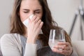 Woman blowing nose handkerchief Royalty Free Stock Photo