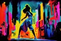 a woman in blue clothes dancing hip hop, dance contest poster, neon colors, ai generated image