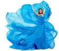 Woman Blue Dress, Fashion Model Dancing in Long Waving Gown, Fabric Fluttering Royalty Free Stock Photo