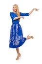 Woman in blue dress with flower prints isolated on