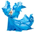 Woman Blue Dress Fluttering as Wave, Waving Silk Cloth, Artistic Fashion Model in color Fabric on White Royalty Free Stock Photo