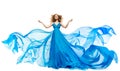 Woman Blue Dress Fluttering on Wind, Waving Silk Cloth and Hair, Artistic Fashion Gown Waving on White Royalty Free Stock Photo