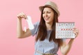 Woman in blue dress, hat holding sanitary napkin, tampon female periods calendar, checking menstruation days isolated on Royalty Free Stock Photo