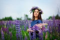 A woman in a blue dress on a purple field of lupins. Meadow with purple flowers in summer. A girl with long hair holds a bouquet Royalty Free Stock Photo