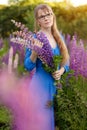 Woman in blue dress in purple lupines field. Meadow of violet flowers in the summer. Girl with long hair holding a lupine bouquet Royalty Free Stock Photo