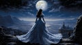 A woman in a blue dress standing in front of a full moon Royalty Free Stock Photo