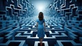 A woman in a blue dress standing in front of a maze. Generative AI image.