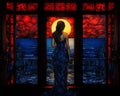 a woman in a blue dress standing in front of a stained glass window