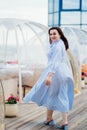 woman in a blue dress walks in a cafe in the shape of a igloo on roof.