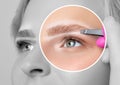 Woman with blue eyes having Permanent Make-up Tattoo on her Eyebrows. Eyelash artist plucks eyebrows with tweezers. Professional