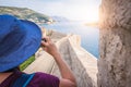 Woman in blue hat on the walls of Dubrovnik Royalty Free Stock Photo