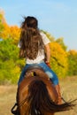 Woman in blue jeans riding a horse