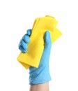 Woman in blue latex gloves with rag on background, closeup of hand Royalty Free Stock Photo