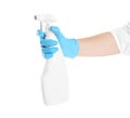 Woman in blue latex gloves with spray detergent on background, closeup of hand Royalty Free Stock Photo