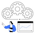 Cloud-based analytics concept with professional pointing at growth chart and interconnected gears Royalty Free Stock Photo