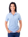 Woman in blue polo shirt