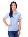 Woman in blue polo shirt on a white Royalty Free Stock Photo