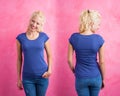 Woman in blue round neck T-shirt on pink background