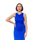 Woman in blue sleeveless dress poses in the studio on white background. Hand on waist Royalty Free Stock Photo