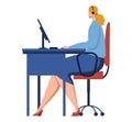 Woman in blue sweater working at computer desk wearing headset. Female call center agent or customer service Royalty Free Stock Photo