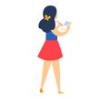 Woman in blue top and red skirt writing notes with pencil. Cartoon female character taking survey or making a list Royalty Free Stock Photo