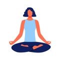 Woman in Blue Top Sits in Lotus Position. Vector.