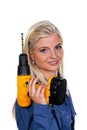 Woman in blue work clothes with drill Royalty Free Stock Photo