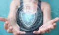 Womanusing digital padlock security interface to protect datas 3D rendering