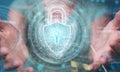 Womanusing digital padlock security interface to protect datas 3D rendering