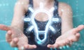Woman using lightbulb neon digital interface 3D rendering