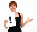 Woman with board exclamation point Royalty Free Stock Photo