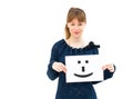 Woman with board Smile face sign