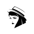 Woman in boater hat with short hair black vector portrait Royalty Free Stock Photo