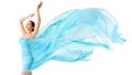 Woman Body Beauty Flying Blue Cloth, Fashion Model in Long Waving Dress, Girl in Fluttering Fabric