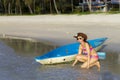 Woman body bikini and canoe morning on beach