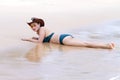 Woman body bikini and hat relax on beach