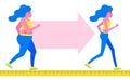 Woman Body Transformation Concept. Running girl is loosing weight. Great results in sports. Vector illustration for gym