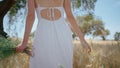 Woman body walking spikelets field back view. Happy lady spinning with bouquet Royalty Free Stock Photo