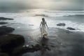 woman storm ocean sky nature sea summer beach water cloud dress. Generative AI.
