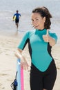 woman bodyboarders showing thumb up