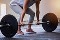 Woman bodybuilder, barbell deadlift and gym for wellness, fitness or exercise for strong body on floor. Weightlifting Royalty Free Stock Photo