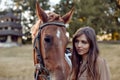 Woman bonds with her horse on a grassy field. Portrait of a young jockey highlights farm training and an outdoor saddle sports Royalty Free Stock Photo