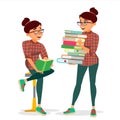 Woman In Book Club Vector. Carrying Large Stack Of Books. Studying Student. Library, Academic, School, University