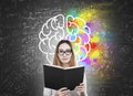 Woman with book and colorful brain icon