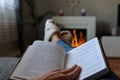 Winter Retreat: Cozy Reading by the Fireplace Royalty Free Stock Photo