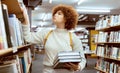 Woman, book search and library shelf for study, project or learning with education development for study goal