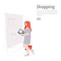 Woman in Book store vector illustration. People retail library. Bookshelf business ui ux design. studing, educatio