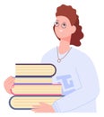 Woman with bookstack. Female character study and learn knowledge Royalty Free Stock Photo