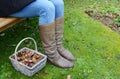 Woman in boots on a garden bench with basket of leaves Royalty Free Stock Photo