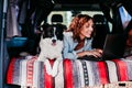 woman and border collie dog in a van. woman working on laptop. Travel concept Royalty Free Stock Photo